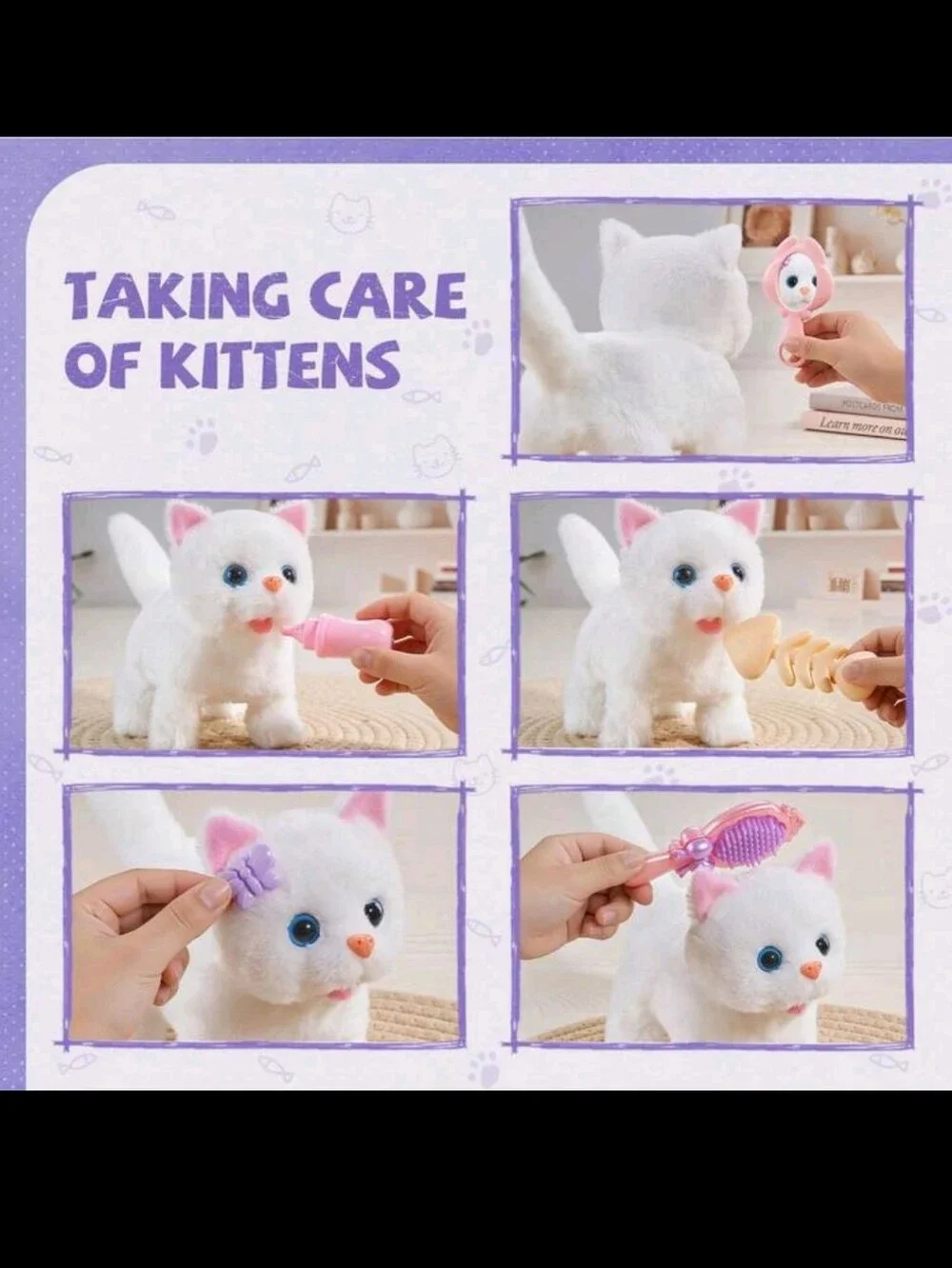 Plush White Kitten Playset with Mauve Purple Carrier - Pet Roleplay Set